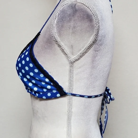 90s Vintage OOAK Handmade Blue Polka-dot Black Lace Side-Tie Triangle Bikini S - Picture 9 of 16